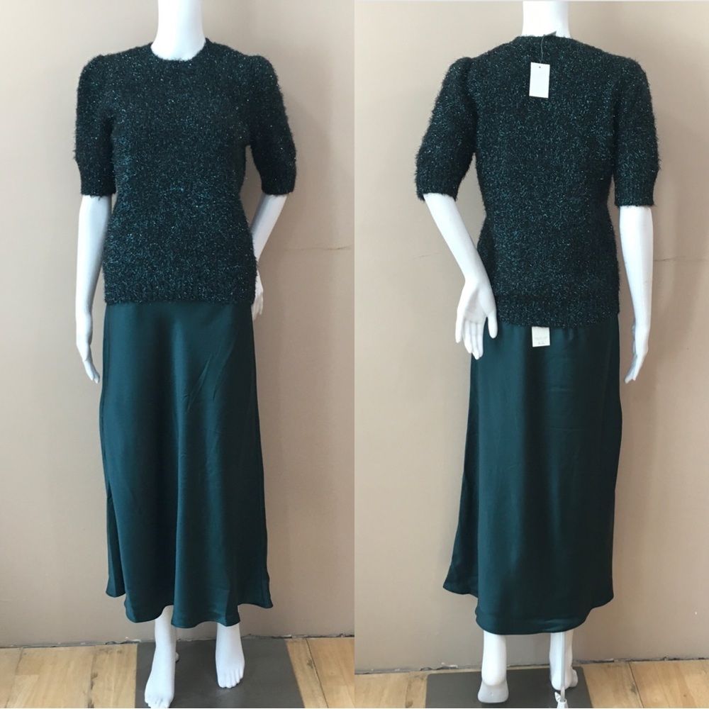 NWT Rachel Zoe 2-Pc Set Dark Green Short Sleeve Sweater Satin Midi Skirt Women S - Picture 1 of 7